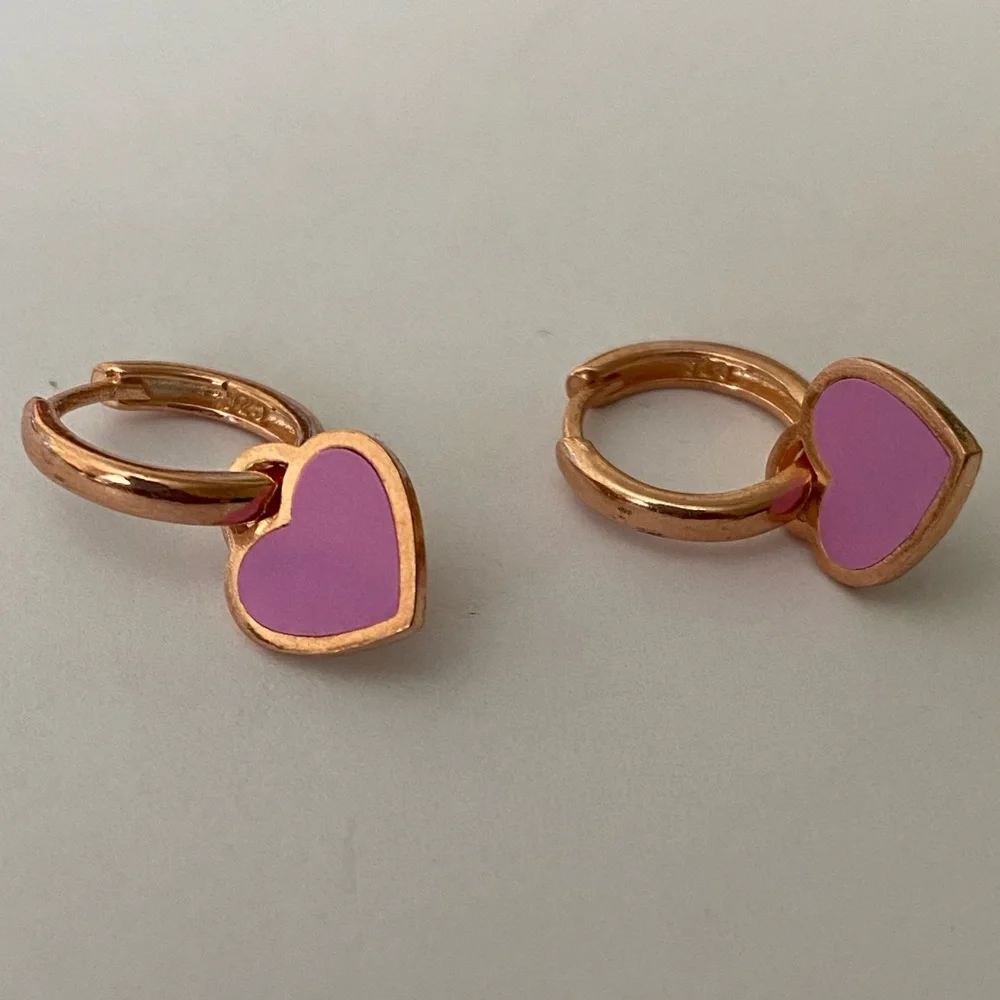 925 Silver purple enamel heart love hoops earrings 14k rose gold plated